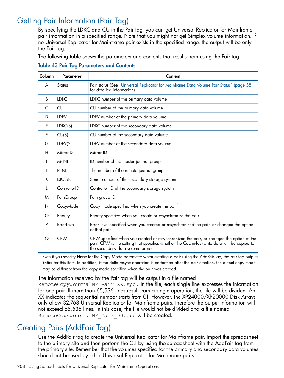 Getting pair information (pair tag), Creating pairs (addpair tag) | HP StorageWorks XP Remote Web Console Software User Manual | Page 208 / 244