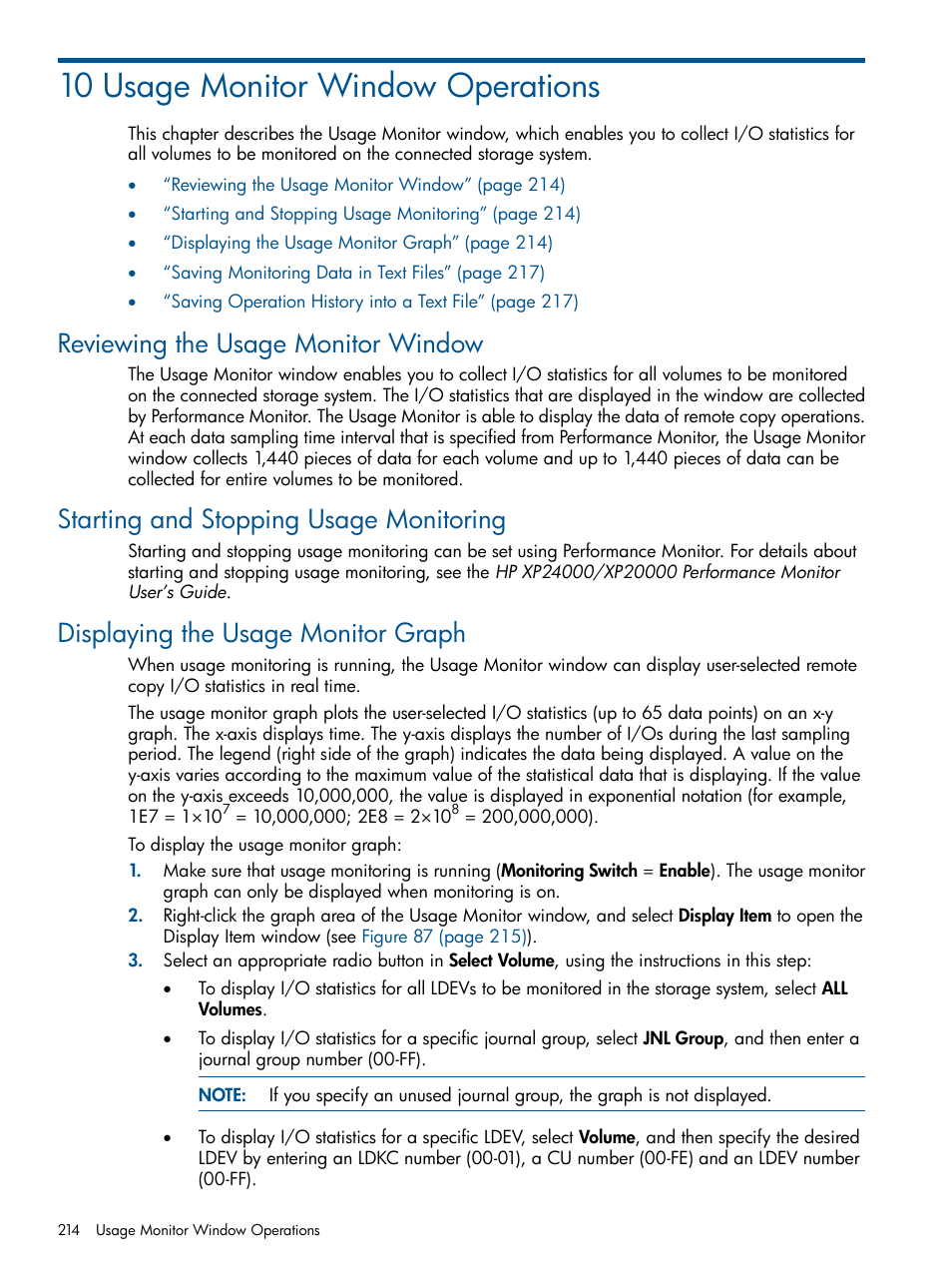 10 usage monitor window operations, Reviewing the usage monitor window, Starting and stopping usage monitoring | Displaying the usage monitor graph | HP StorageWorks XP Remote Web Console Software User Manual | Page 214 / 244