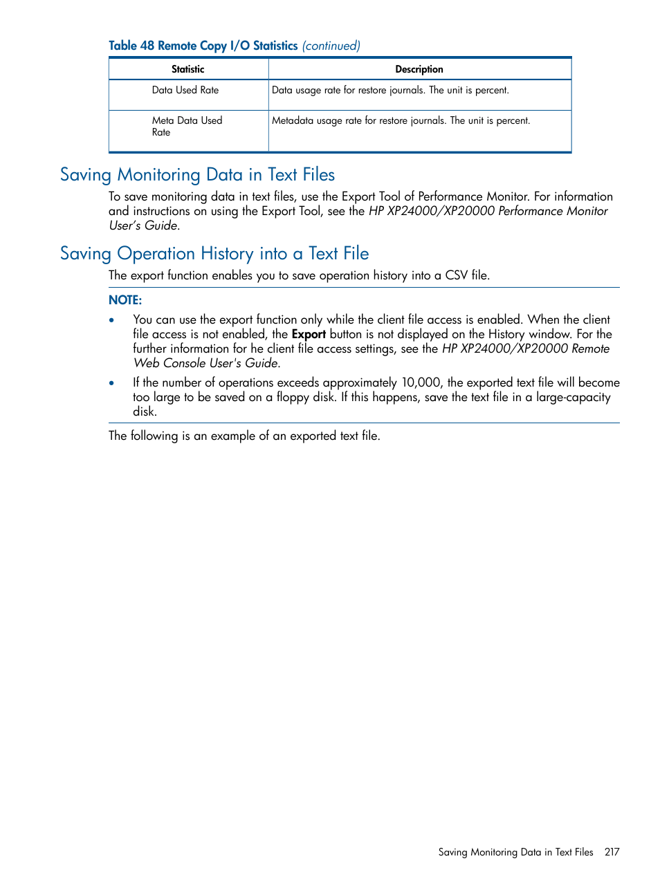 Saving monitoring data in text files, Saving operation history into a text file, Saving operation history into a text | HP StorageWorks XP Remote Web Console Software User Manual | Page 217 / 244