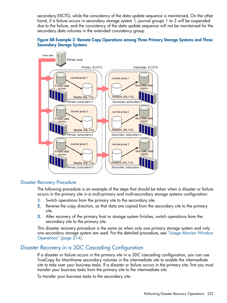 Disaster recovery procedure, Disaster recovery in a 3dc cascading configuration, Disaster recovery in a 3dc cascading | HP StorageWorks XP Remote Web Console Software User Manual | Page 223 / 244