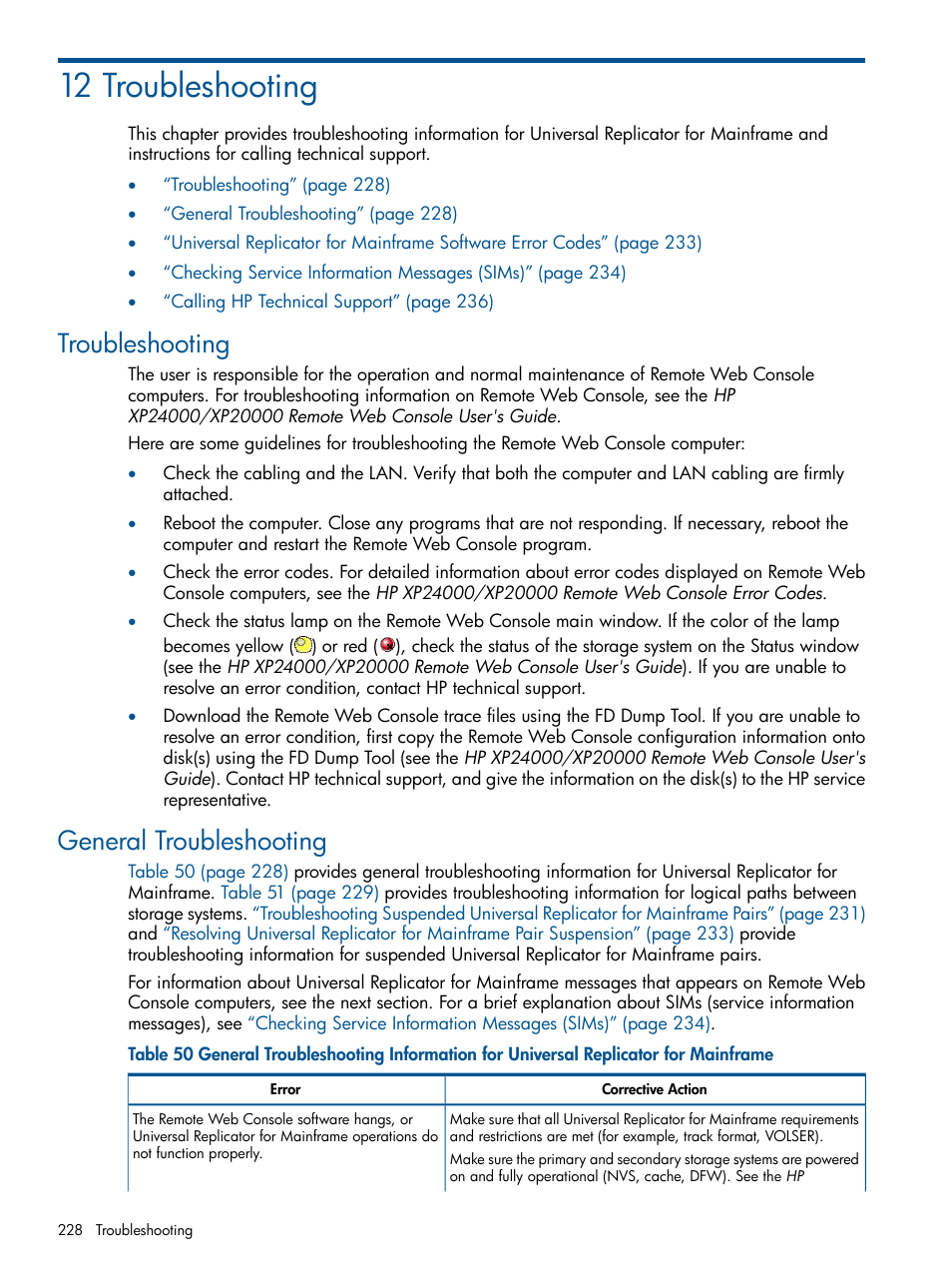 12 troubleshooting, Troubleshooting, General troubleshooting | Troubleshooting general troubleshooting | HP StorageWorks XP Remote Web Console Software User Manual | Page 228 / 244