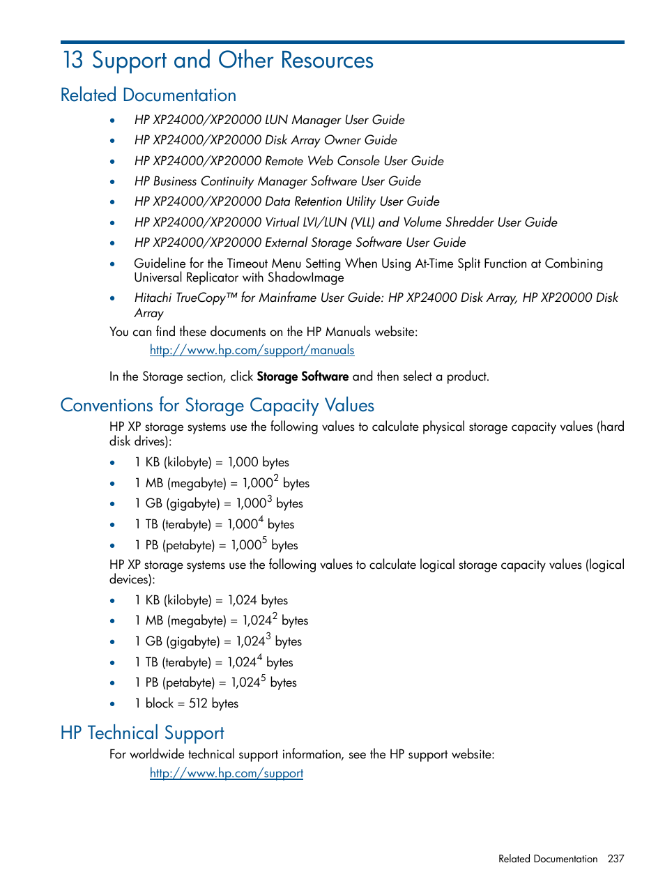 13 support and other resources, Related documentation, Conventions for storage capacity values | Hp technical support | HP StorageWorks XP Remote Web Console Software User Manual | Page 237 / 244