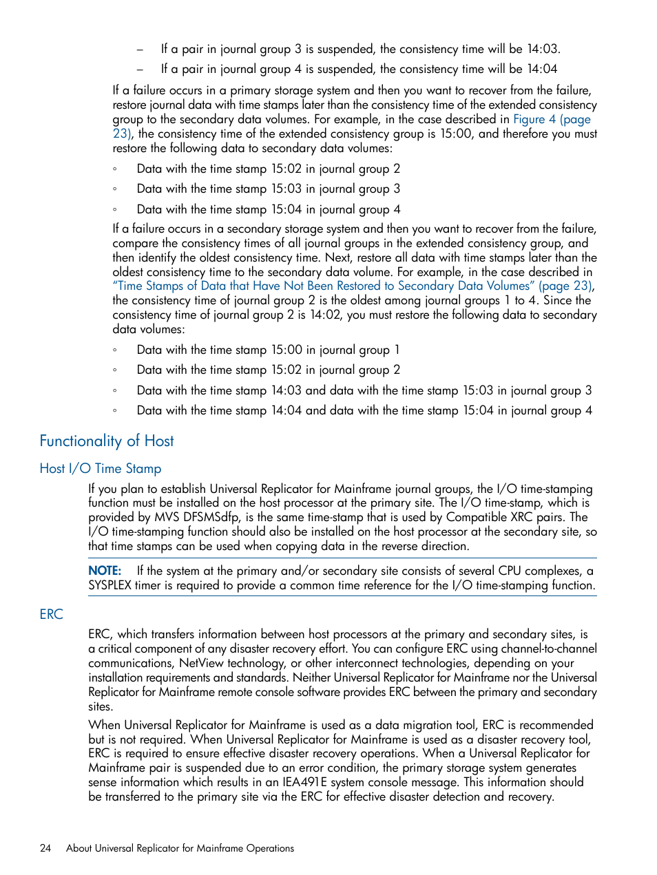 Functionality of host, Host i/o time stamp, Host i/o time stamp erc | HP StorageWorks XP Remote Web Console Software User Manual | Page 24 / 244