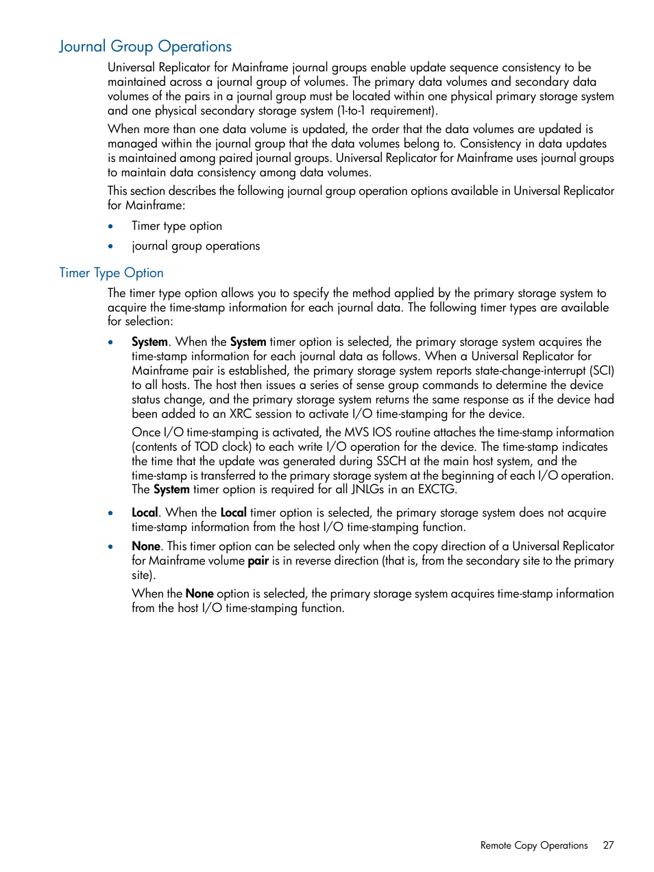 Journal group operations, Timer type option | HP StorageWorks XP Remote Web Console Software User Manual | Page 27 / 244