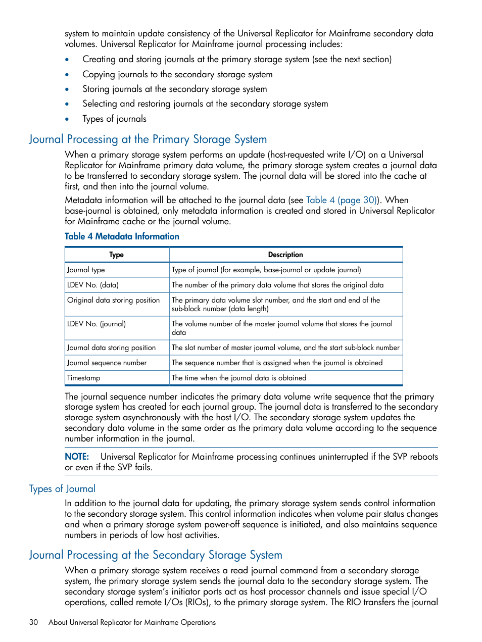 Journal processing at the primary storage system, Types of journal, Journal processing at the secondary storage system | HP StorageWorks XP Remote Web Console Software User Manual | Page 30 / 244