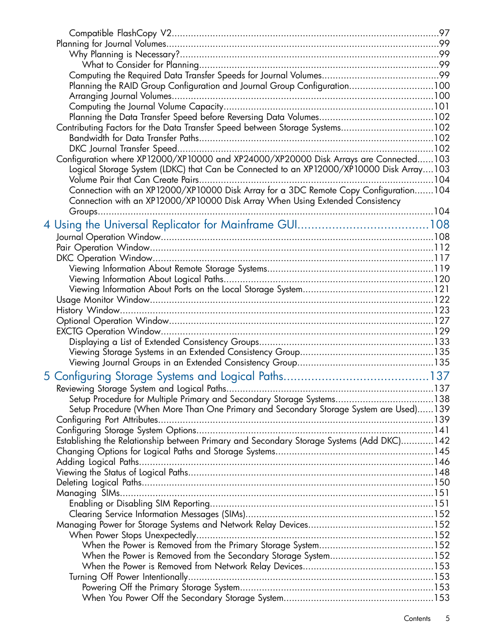 4 using the universal replicator for mainframe gui, 5 configuring storage systems and logical paths | HP StorageWorks XP Remote Web Console Software User Manual | Page 5 / 244
