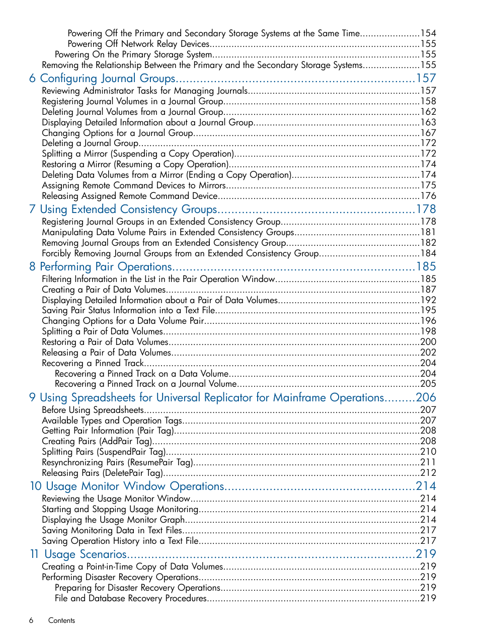 6 configuring journal groups, 7 using extended consistency groups, 8 performing pair operations | 10 usage monitor window operations, 11 usage scenarios | HP StorageWorks XP Remote Web Console Software User Manual | Page 6 / 244