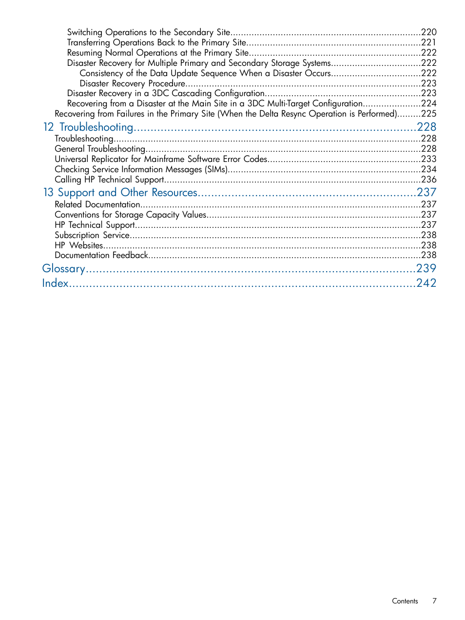 12 troubleshooting, 13 support and other resources, Glossary index | HP StorageWorks XP Remote Web Console Software User Manual | Page 7 / 244