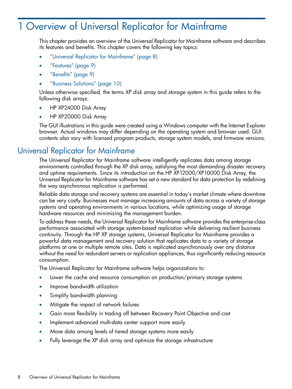 1 overview of universal replicator for mainframe, Universal replicator for mainframe | HP StorageWorks XP Remote Web Console Software User Manual | Page 8 / 244