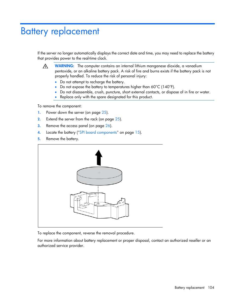 Battery replacement | HP ProLiant DL580 G7 Server User Manual | Page 104 / 131