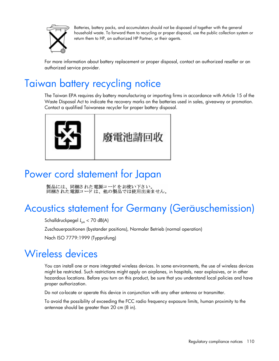 Taiwan battery recycling notice, Power cord statement for japan, Acoustics statement for germany (geräuschemission) | Wireless devices | HP ProLiant DL580 G7 Server User Manual | Page 110 / 131