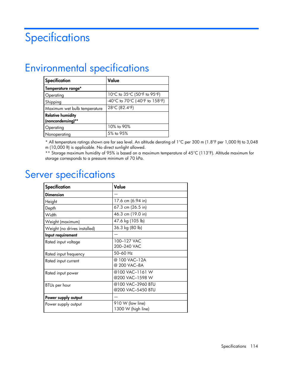 Specifications, Environmental specifications, Server specifications | HP ProLiant DL580 G7 Server User Manual | Page 114 / 131