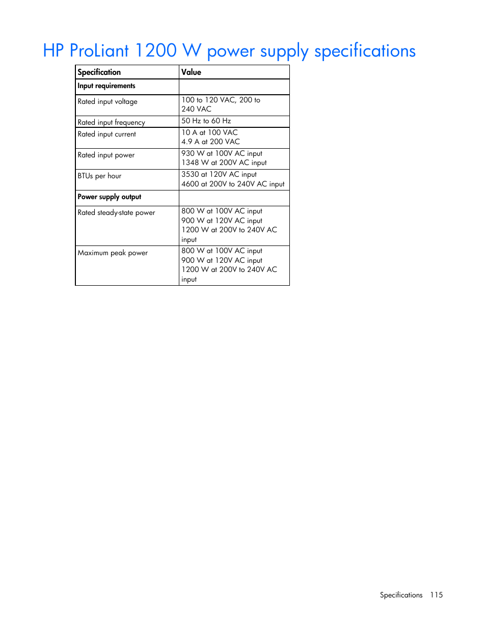 Hp proliant 1200 w power supply specifications | HP ProLiant DL580 G7 Server User Manual | Page 115 / 131