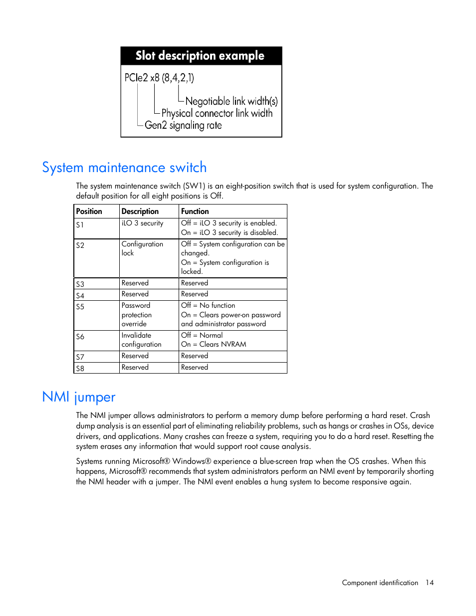 System maintenance switch, Nmi jumper | HP ProLiant DL580 G7 Server User Manual | Page 14 / 131