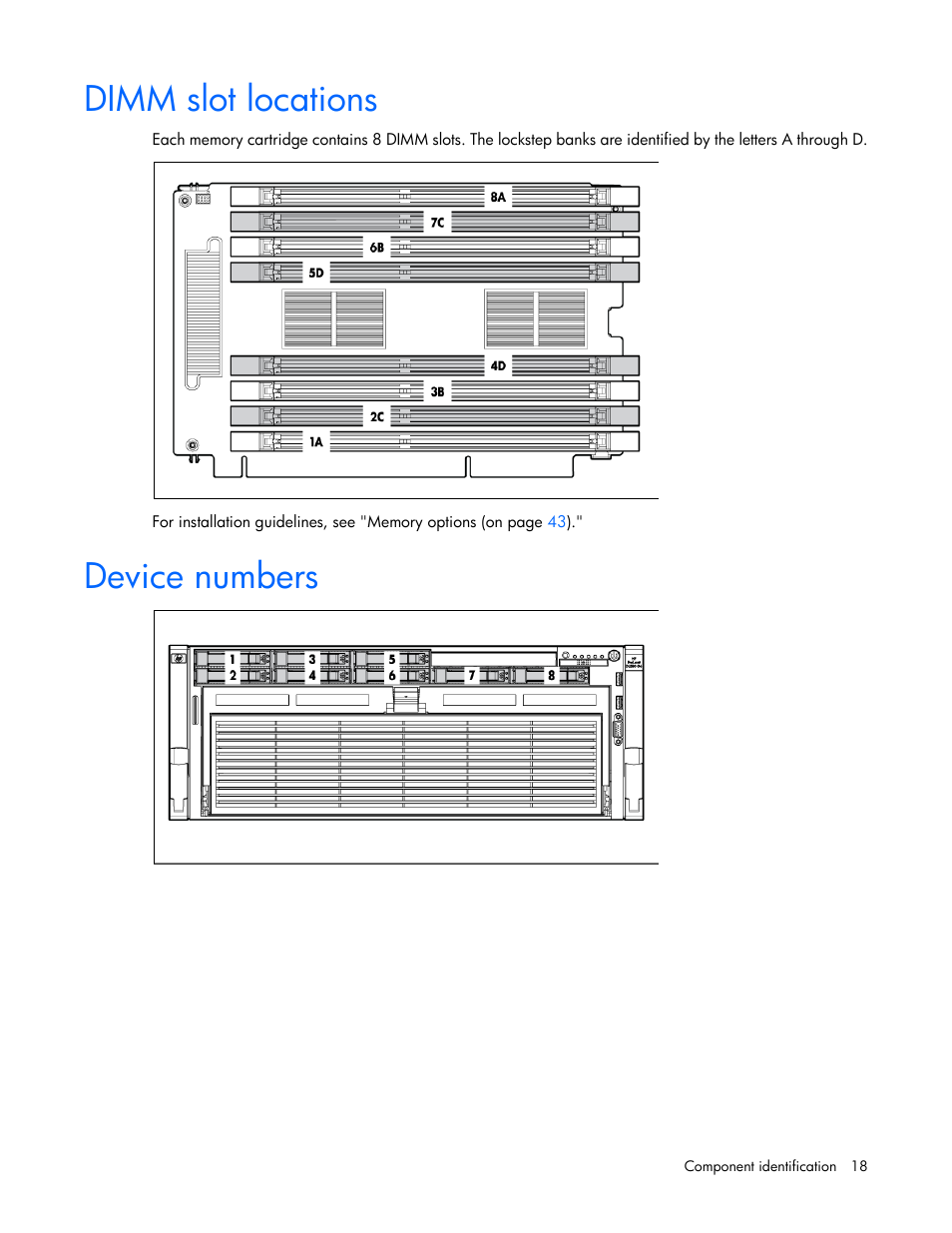 Dimm slot locations, Device numbers | HP ProLiant DL580 G7 Server User Manual | Page 18 / 131