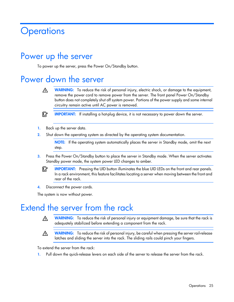 Operations, Power up the server, Power down the server | Extend the server from the rack | HP ProLiant DL580 G7 Server User Manual | Page 25 / 131