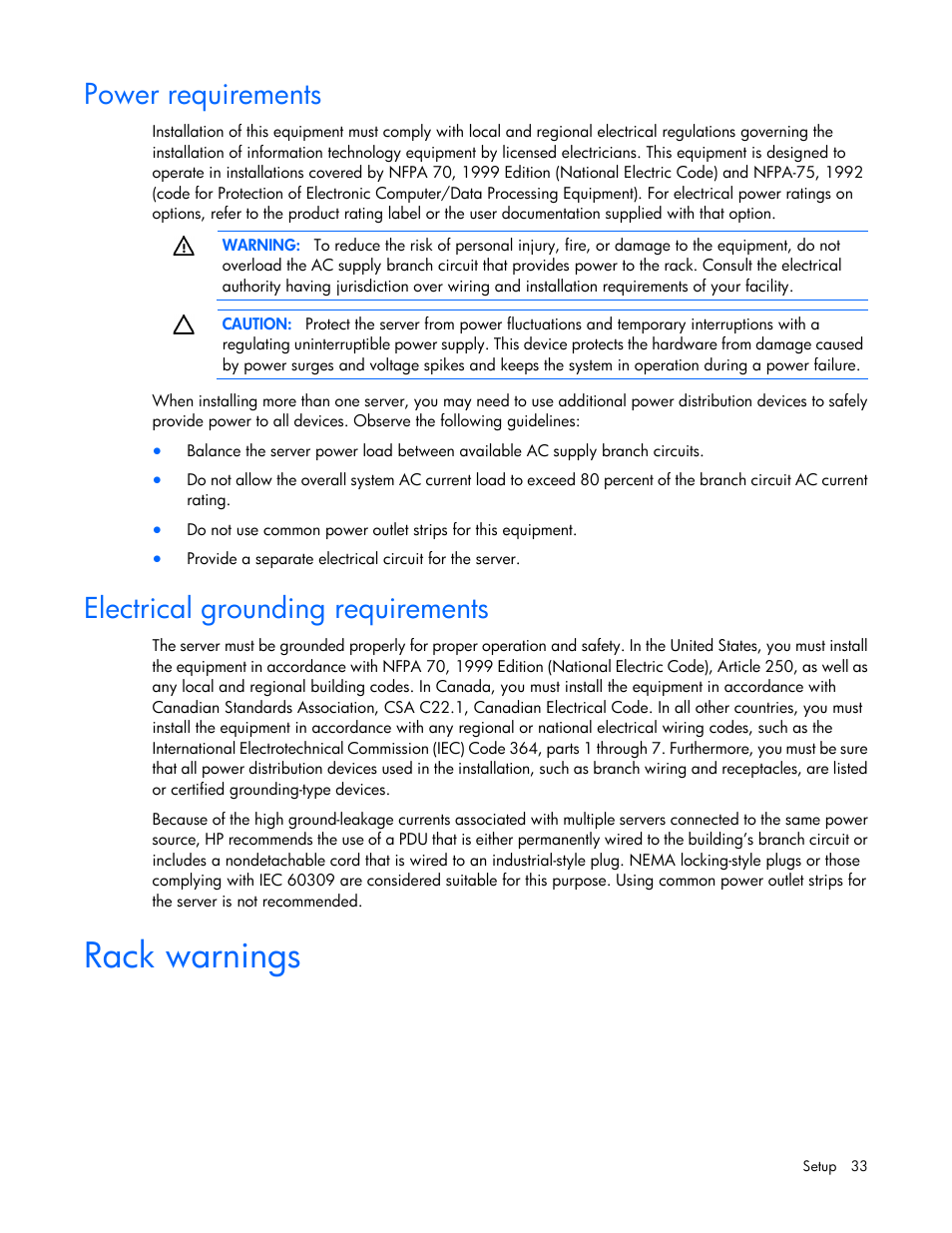 Power requirements, Electrical grounding requirements, Rack warnings | HP ProLiant DL580 G7 Server User Manual | Page 33 / 131