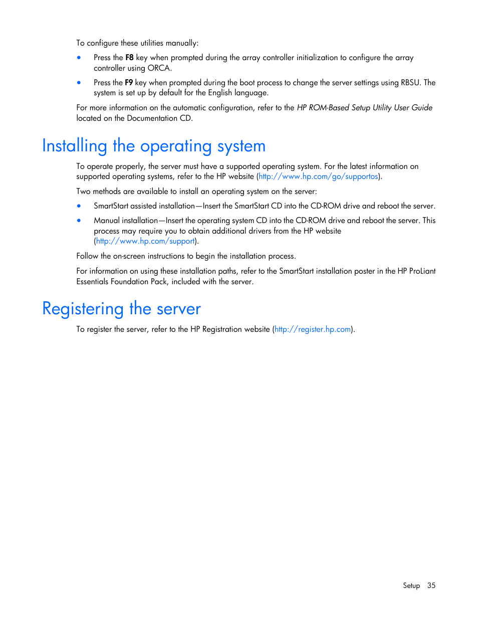 Installing the operating system, Registering the server | HP ProLiant DL580 G7 Server User Manual | Page 35 / 131