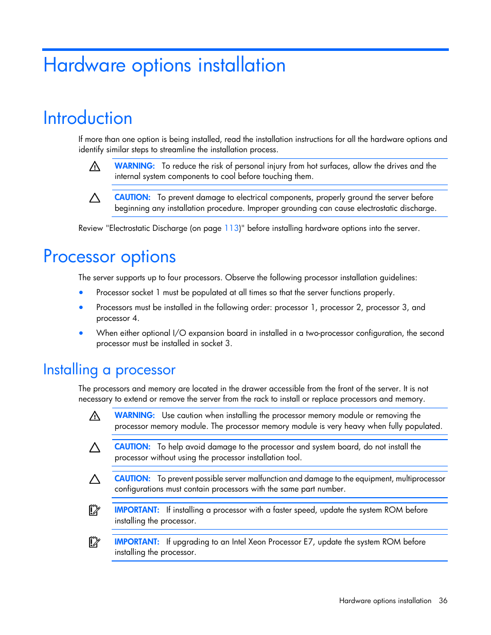 Hardware options installation, Introduction, Processor options | Installing a processor | HP ProLiant DL580 G7 Server User Manual | Page 36 / 131