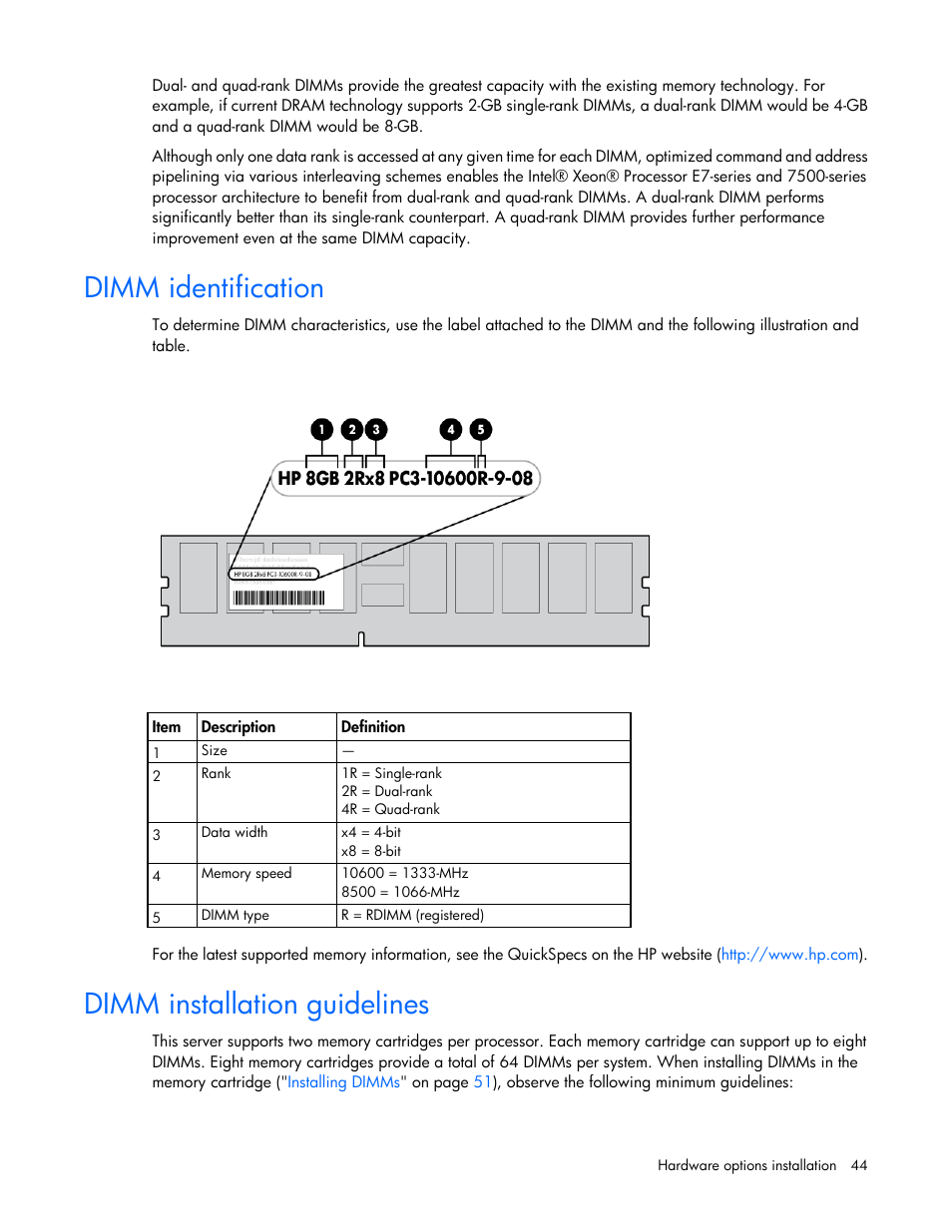 Dimm identification, Dimm installation guidelines | HP ProLiant DL580 G7 Server User Manual | Page 44 / 131