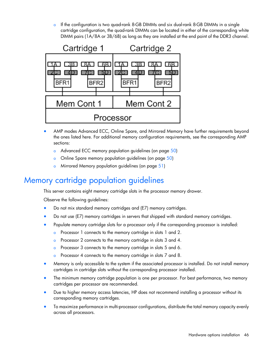 Memory cartridge population guidelines | HP ProLiant DL580 G7 Server User Manual | Page 46 / 131