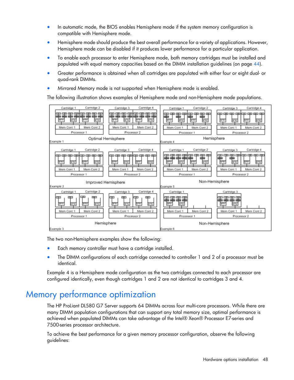 Memory performance optimization | HP ProLiant DL580 G7 Server User Manual | Page 48 / 131