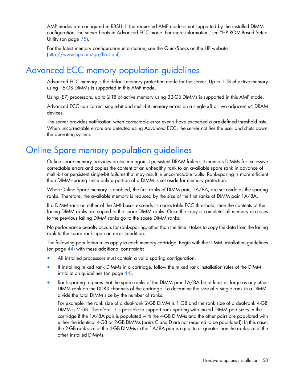 Advanced ecc memory population guidelines, Online spare memory population guidelines | HP ProLiant DL580 G7 Server User Manual | Page 50 / 131