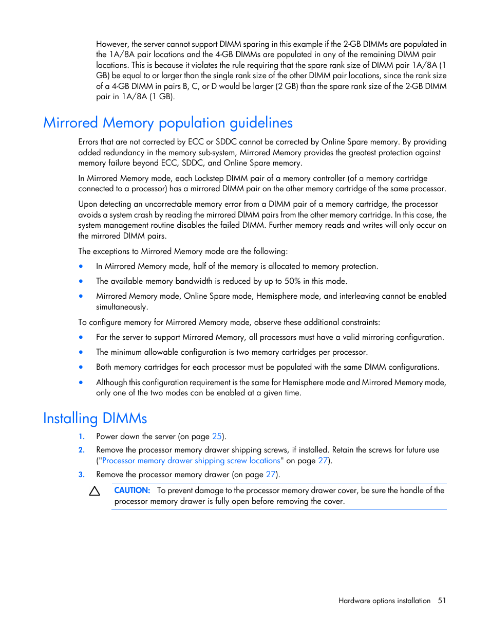 Mirrored memory population guidelines, Installing dimms | HP ProLiant DL580 G7 Server User Manual | Page 51 / 131