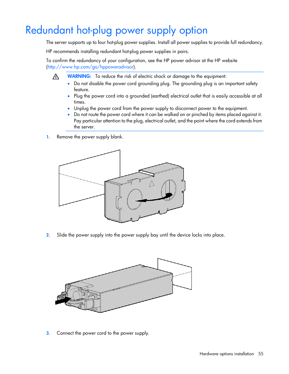 Redundant hot-plug power supply option | HP ProLiant DL580 G7 Server User Manual | Page 55 / 131