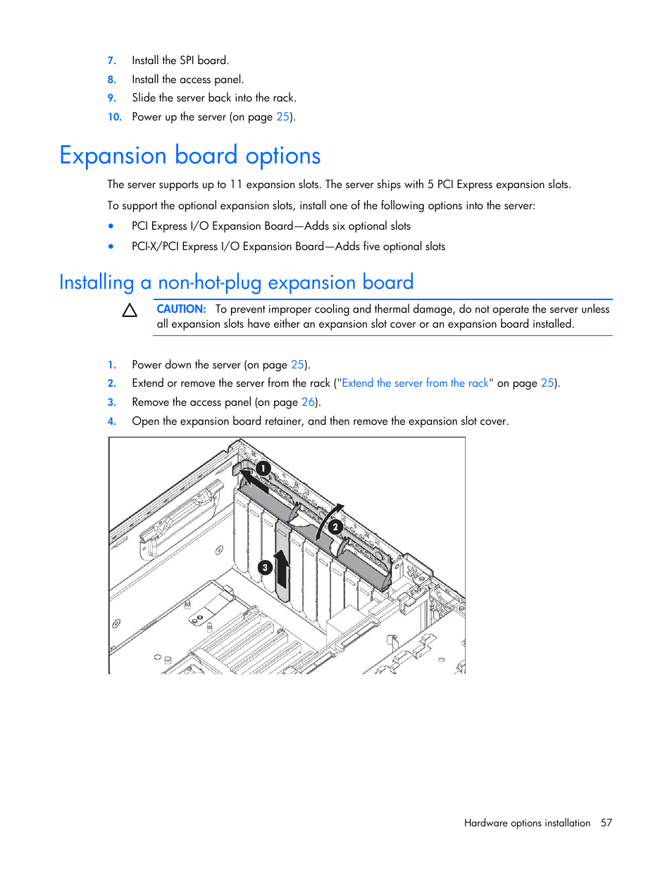 Expansion board options, Installing a non-hot-plug expansion board | HP ProLiant DL580 G7 Server User Manual | Page 57 / 131