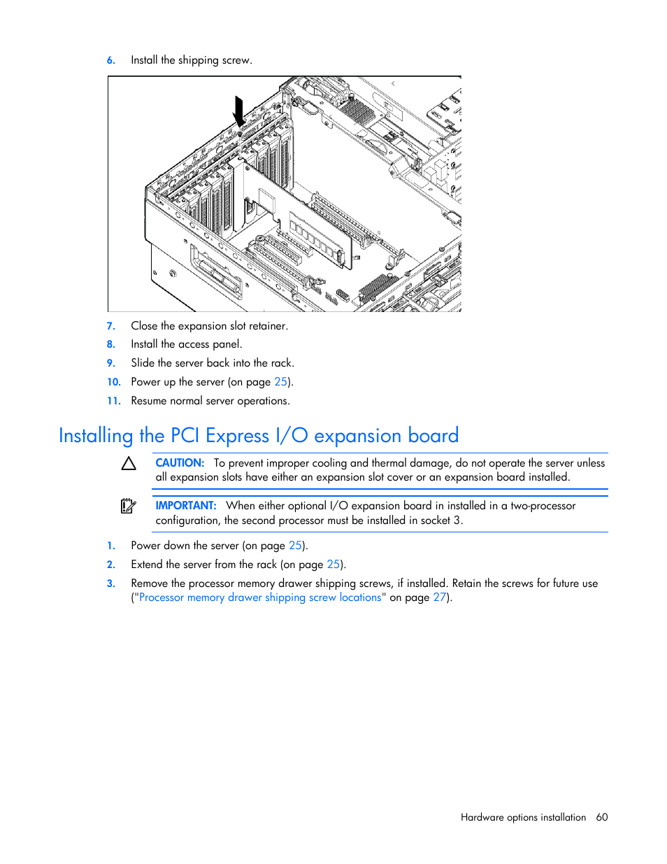 Installing the pci express i/o expansion board | HP ProLiant DL580 G7 Server User Manual | Page 60 / 131