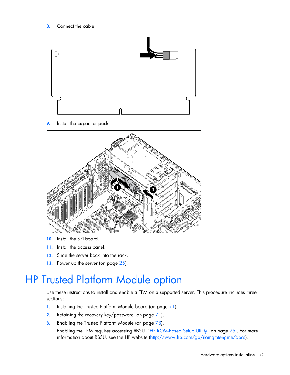 Hp trusted platform module option | HP ProLiant DL580 G7 Server User Manual | Page 70 / 131