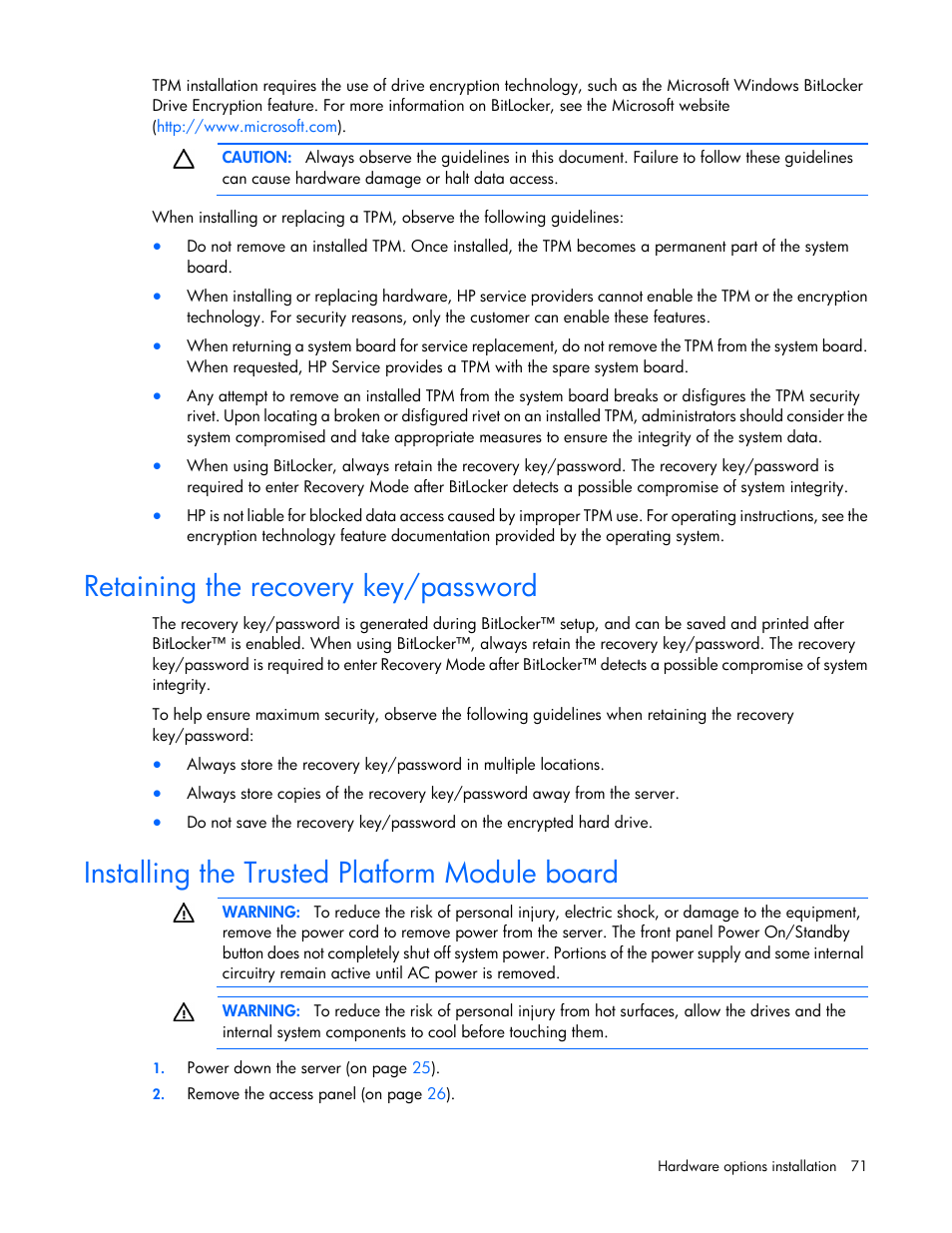 Retaining the recovery key/password, Installing the trusted platform module board | HP ProLiant DL580 G7 Server User Manual | Page 71 / 131