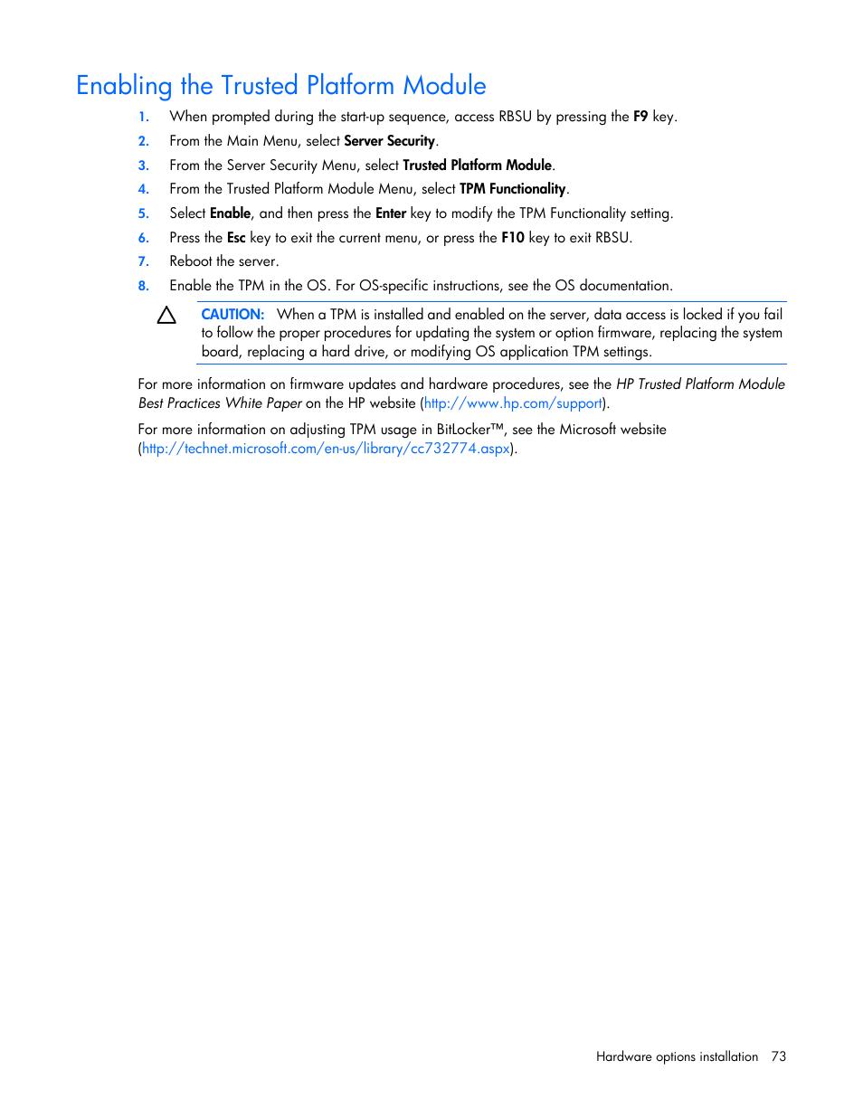 Enabling the trusted platform module | HP ProLiant DL580 G7 Server User Manual | Page 73 / 131