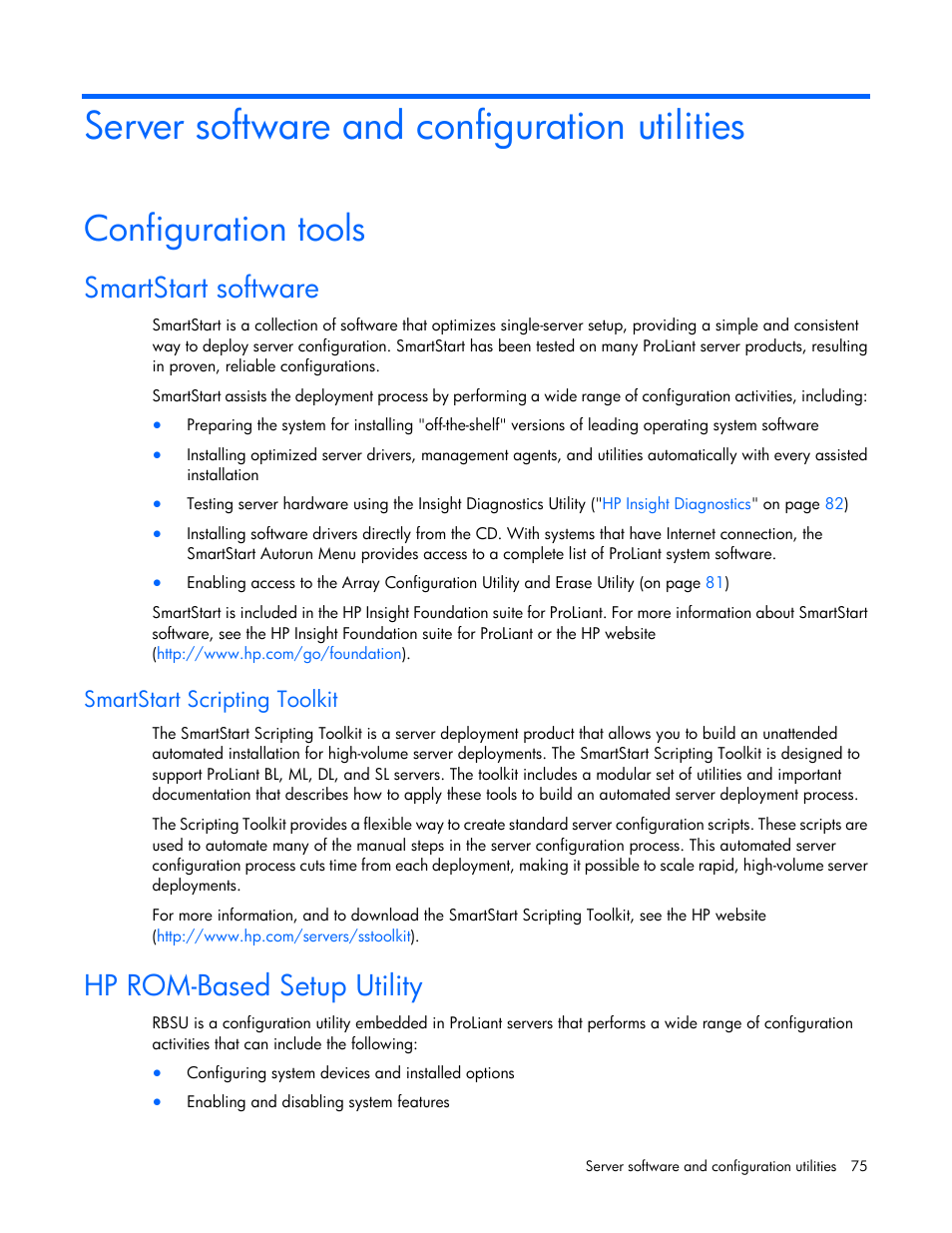 Server software and configuration utilities, Configuration tools, Smartstart software | Smartstart scripting toolkit, Hp rom-based setup utility | HP ProLiant DL580 G7 Server User Manual | Page 75 / 131