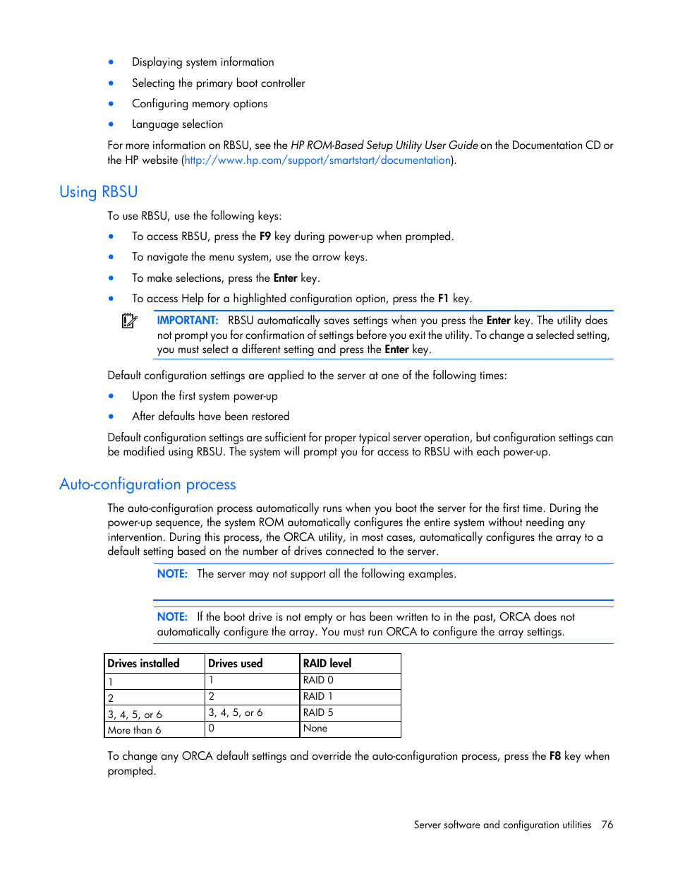 Using rbsu, Auto-configuration process | HP ProLiant DL580 G7 Server User Manual | Page 76 / 131