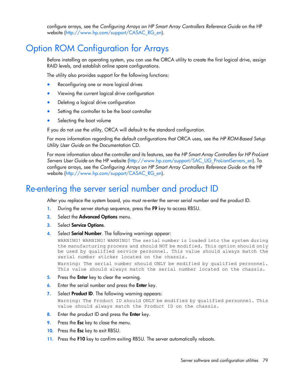 Option rom configuration for arrays | HP ProLiant DL580 G7 Server User Manual | Page 79 / 131