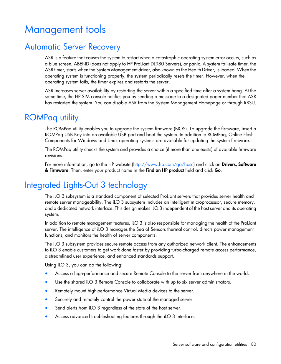 Management tools, Automatic server recovery, Rompaq utility | Integrated lights-out 3 technology | HP ProLiant DL580 G7 Server User Manual | Page 80 / 131