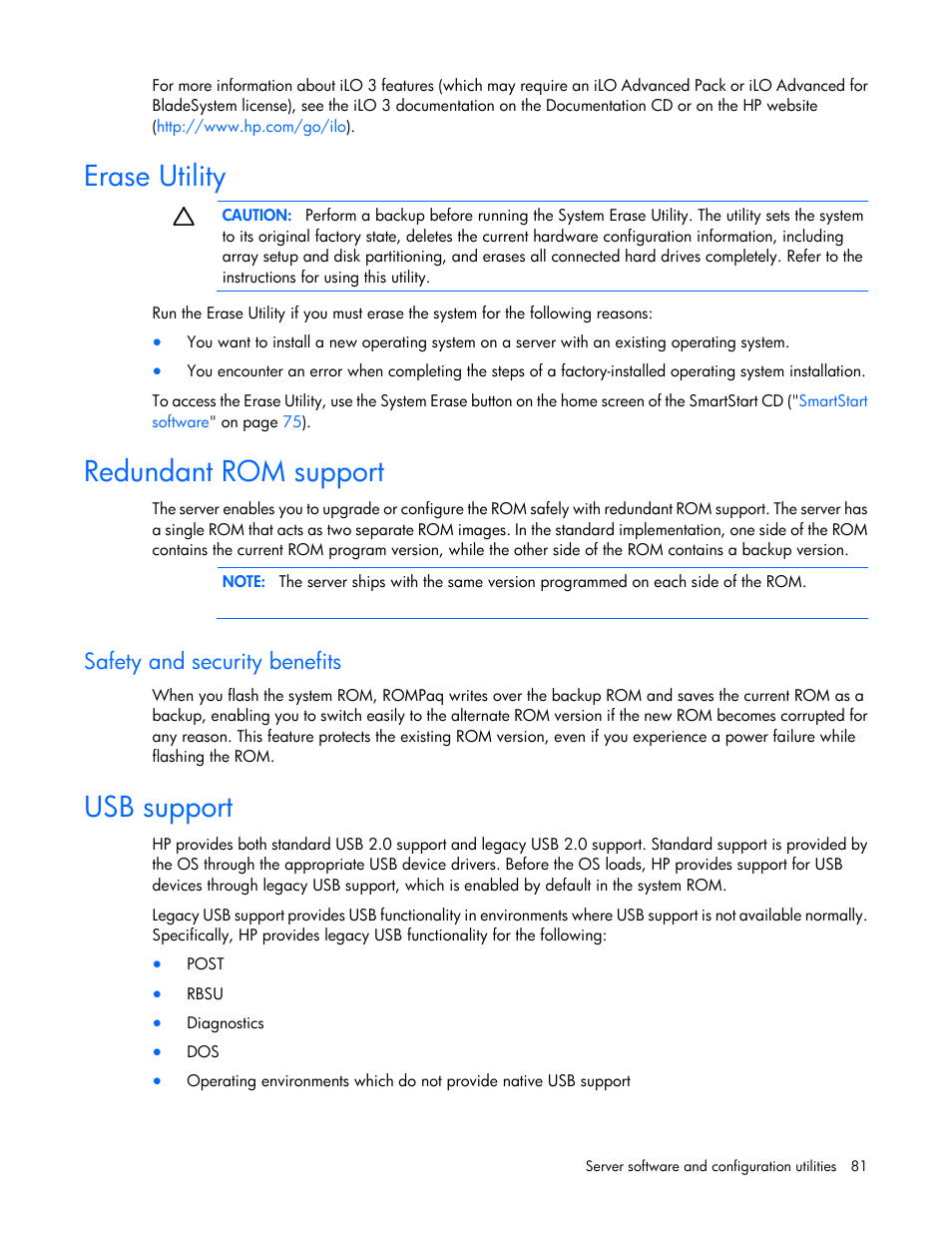 Erase utility, Redundant rom support, Safety and security benefits | Usb support | HP ProLiant DL580 G7 Server User Manual | Page 81 / 131