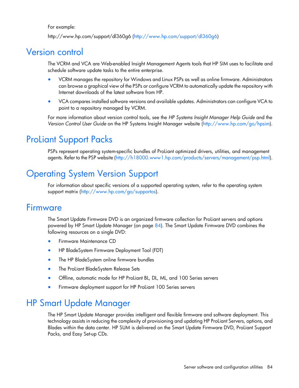 Version control, Proliant support packs, Operating system version support | Firmware, Hp smart update manager | HP ProLiant DL580 G7 Server User Manual | Page 84 / 131