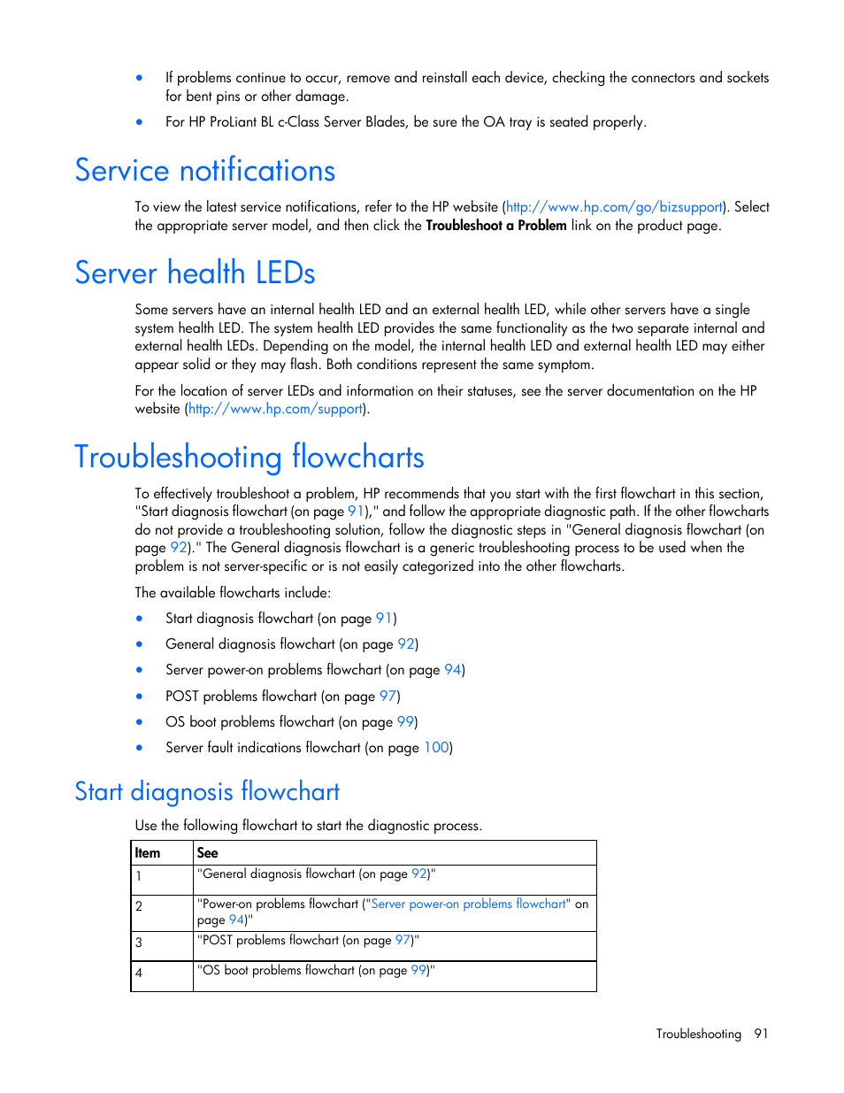 Service notifications, Server health leds, Troubleshooting flowcharts | Start diagnosis flowchart | HP ProLiant DL580 G7 Server User Manual | Page 91 / 131
