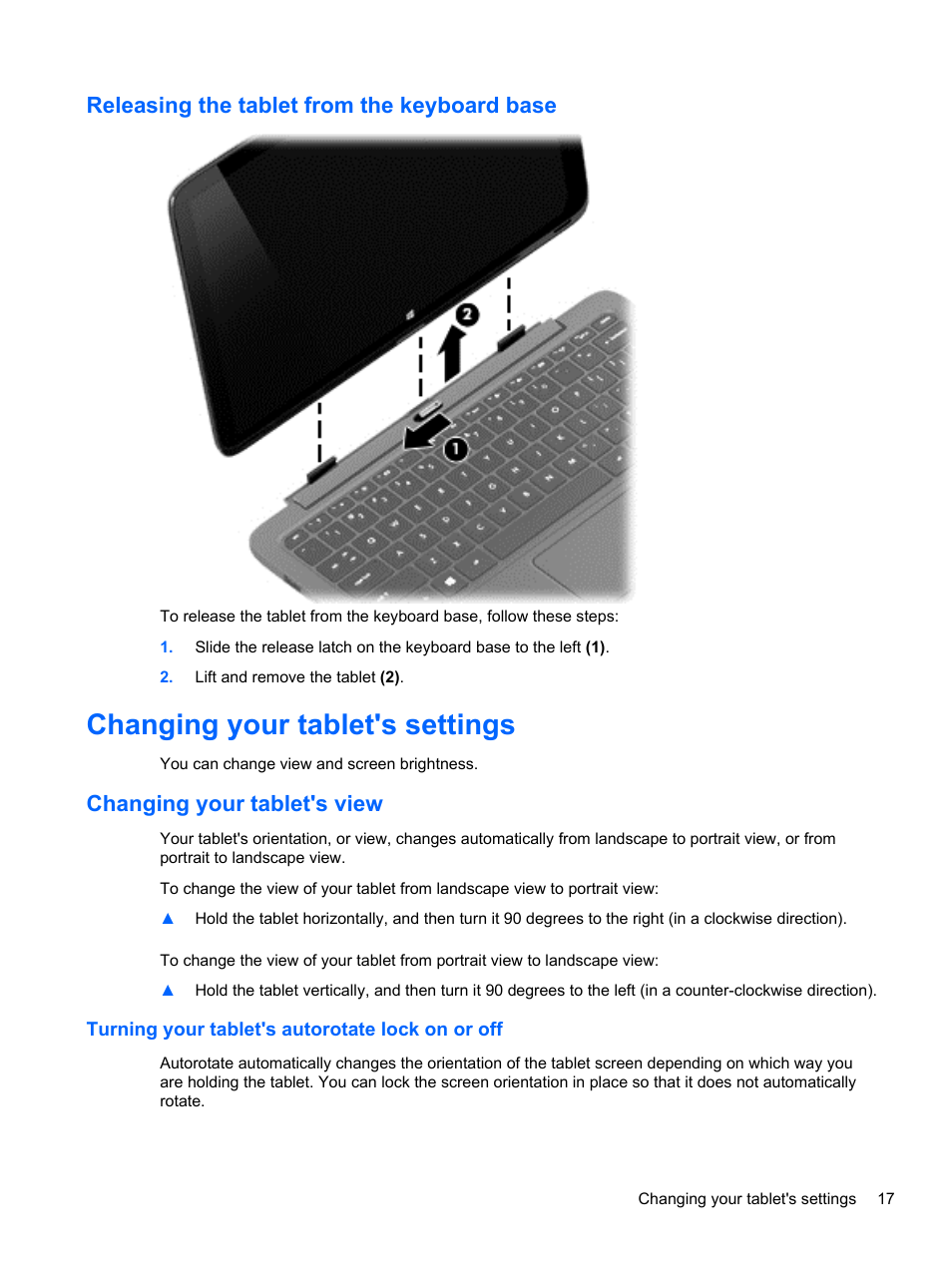 Releasing the tablet from the keyboard base, Changing your tablet's settings, Changing your tablet's view | Turning your tablet's autorotate lock on or off | HP Pavilion 11-h112nr x2 PC User Manual | Page 25 / 81