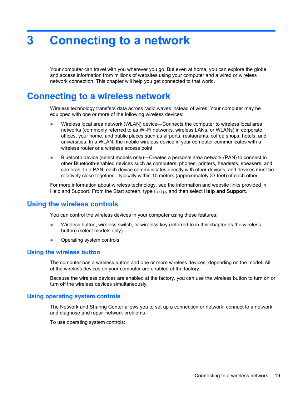 Connecting to a network, Connecting to a wireless network, Using the wireless controls | Using the wireless button, Using operating system controls, 3 connecting to a network, Connecting, To a network, 3connecting to a network | HP Pavilion 11-h112nr x2 PC User Manual | Page 27 / 81