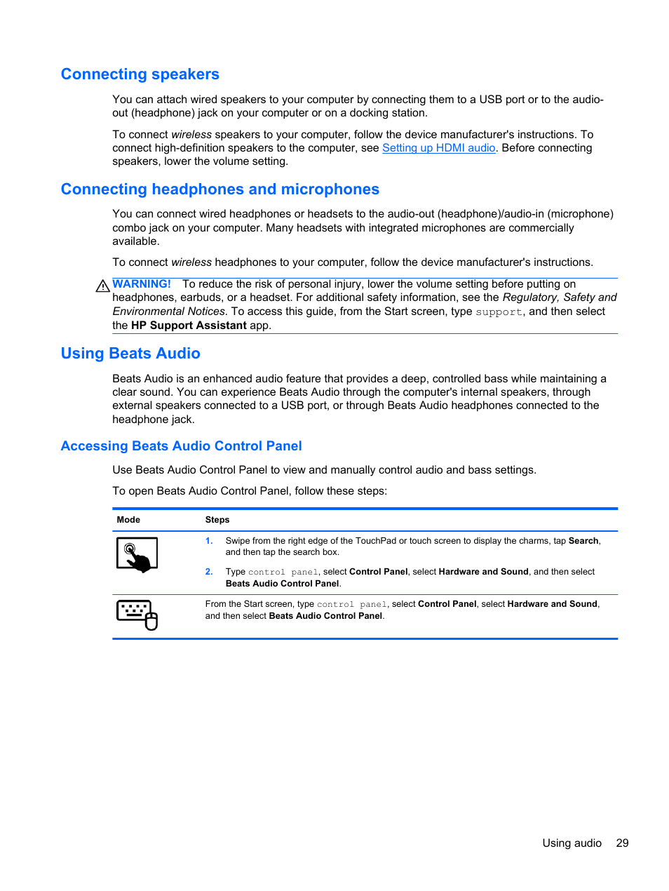 Connecting speakers, Connecting headphones and microphones, Using beats audio | Accessing beats audio control panel | HP Pavilion 11-h112nr x2 PC User Manual | Page 37 / 81