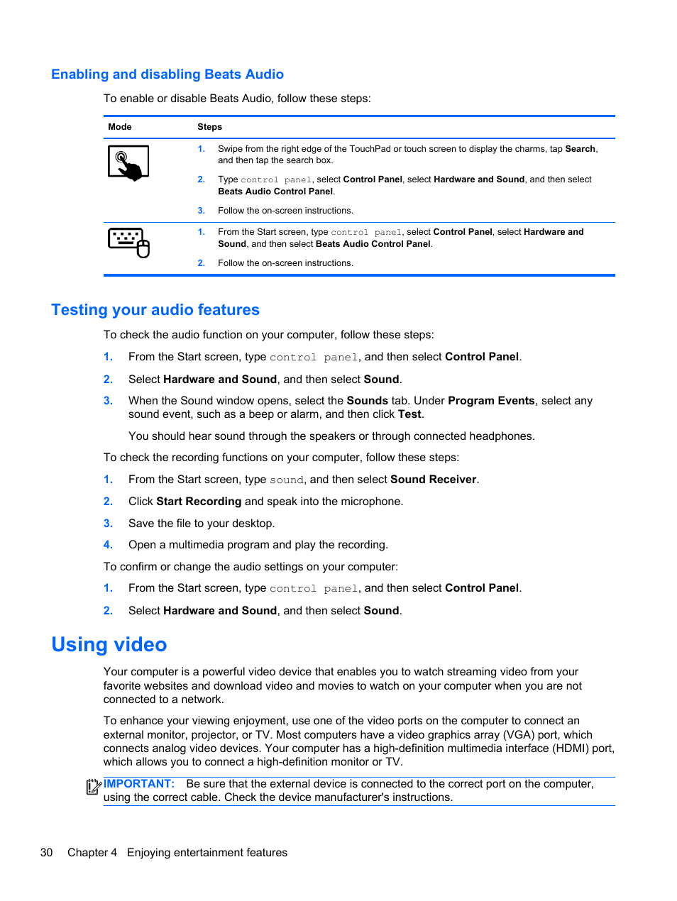 Enabling and disabling beats audio, Testing your audio features, Using video | HP Pavilion 11-h112nr x2 PC User Manual | Page 38 / 81