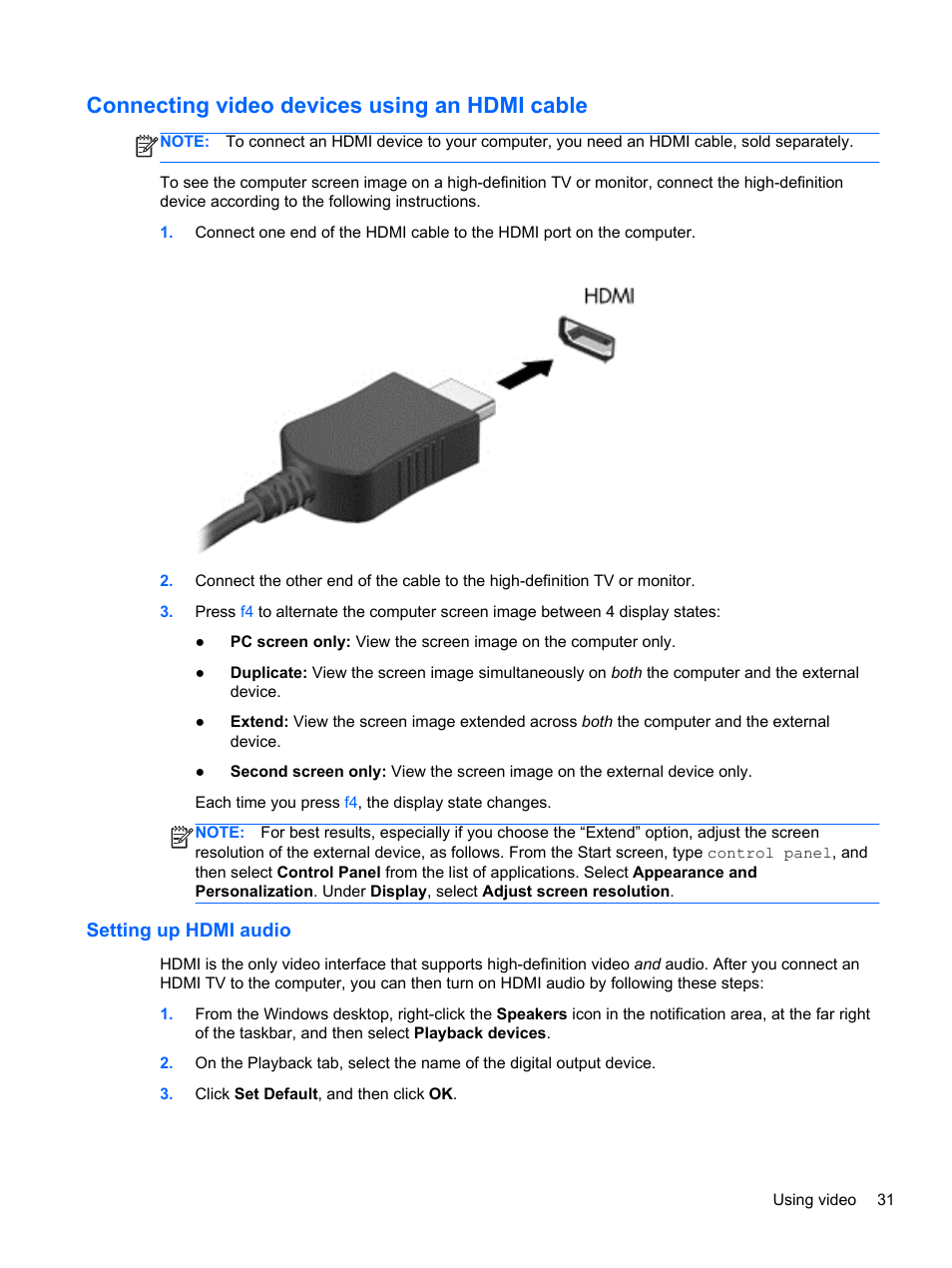 Connecting video devices using an hdmi cable, Setting up hdmi audio, Connecting | Video devices using an hdmi cable | HP Pavilion 11-h112nr x2 PC User Manual | Page 39 / 81