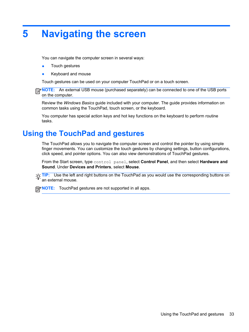 Navigating the screen, Using the touchpad and gestures, 5 navigating the screen | Text. see, 5navigating the screen | HP Pavilion 11-h112nr x2 PC User Manual | Page 41 / 81