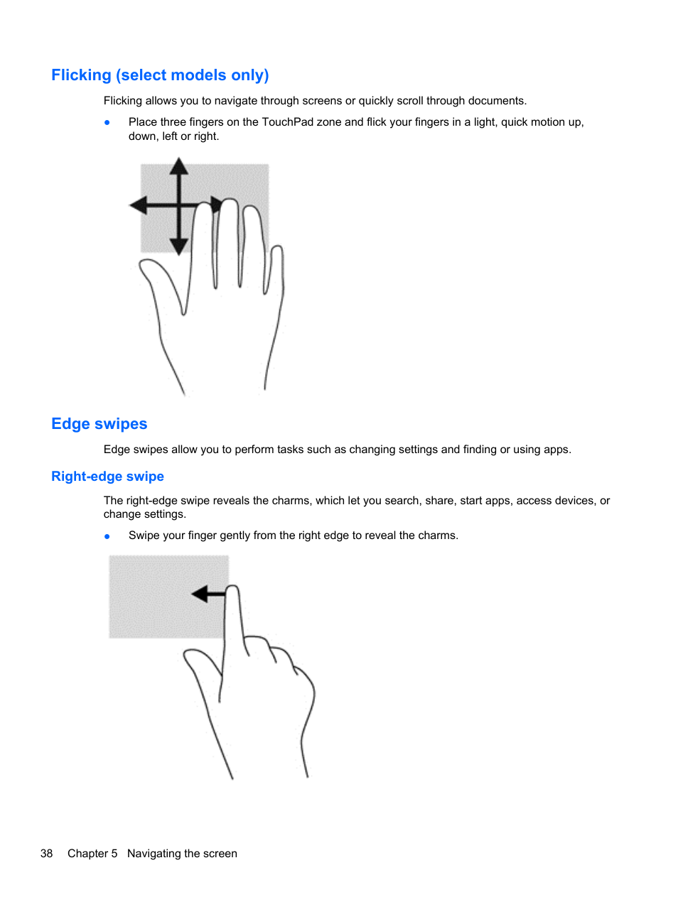 Flicking (select models only), Edge swipes, Right-edge swipe | Flicking (select models only) edge swipes | HP Pavilion 11-h112nr x2 PC User Manual | Page 46 / 81