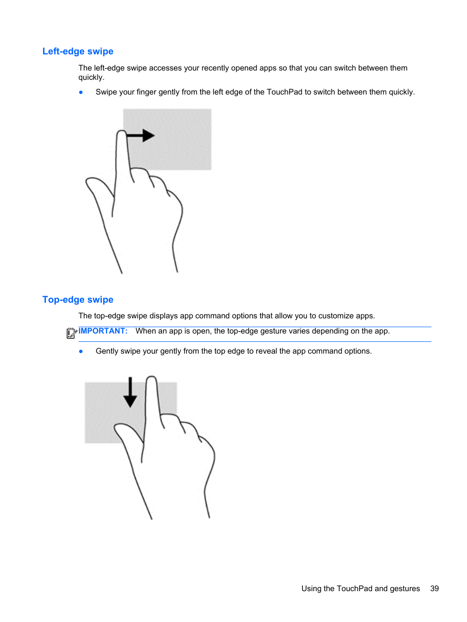 Left-edge swipe, Top-edge swipe, Left-edge swipe top-edge swipe | HP Pavilion 11-h112nr x2 PC User Manual | Page 47 / 81