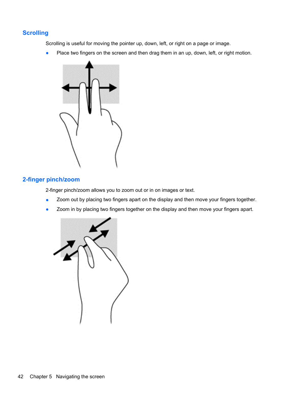 Scrolling, Finger pinch/zoom, Scrolling 2-finger pinch/zoom | HP Pavilion 11-h112nr x2 PC User Manual | Page 50 / 81
